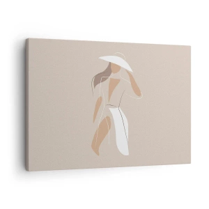 Cuadro sobre lienzo - Impresión de Imagen - Un dibujo minimalista de una mujer con sombrero sobre un fondo beige. - 70x50cm - La moda es alegría - Decoración de pared moderna para salón y dormitorio ARTTOR