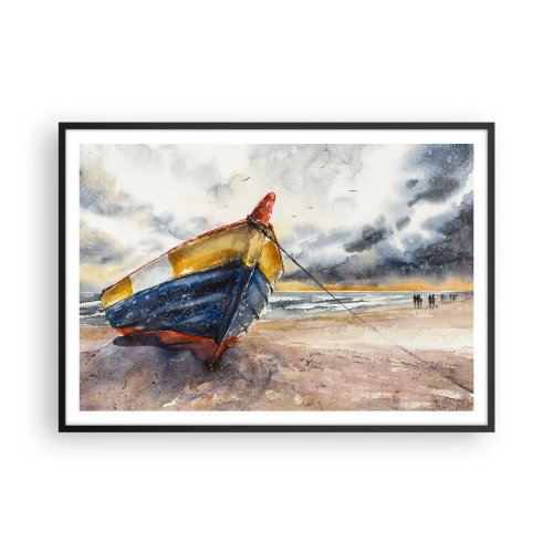 Póster en marco negro - Un pintoresco barco en la playa bajo un cielo nublado. - 100x70cm - Descansando en la orilla - Decoración de pared moderna para salón y dormitorio ARTTOR