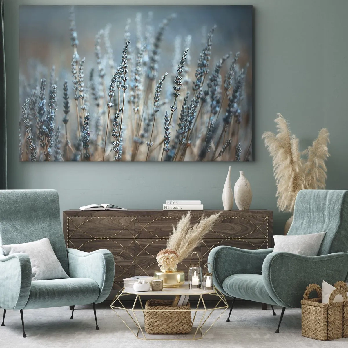 Cuadro sobre lienzo - Impresión de Imagen - Lavanda en el campo en sutiles tonos pastel. - 70x50cm - Fragante pasto - Decoración de pared moderna para salón y dormitorio ARTTOR