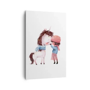 Cuadro sobre lienzo - Impresión de Imagen - Una niña y un unicornio en un paisaje invernal. - 80x120cm - Un cuento de invierno - Decoración de pared moderna para salón y dormitorio ARTTOR