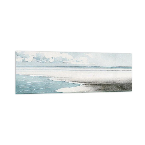 Cuadro sobre vidrio - Impresiones sobre Vidrio - Un mar tranquilo y una playa en tonos claros de azul. - 160x50cm - Suave marea otoñal - Decoración de pared moderna para salón y dormitorio ARTTOR
