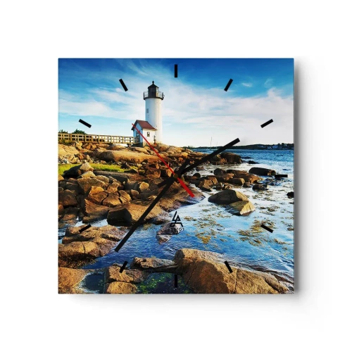 Reloj de pared - Reloj de vidrio - Un faro en una costa rocosa en un día soleado. - 30x30cm - Esperando vuestro regreso - Decoración de pared moderna para salón y dormitorio ARTTOR