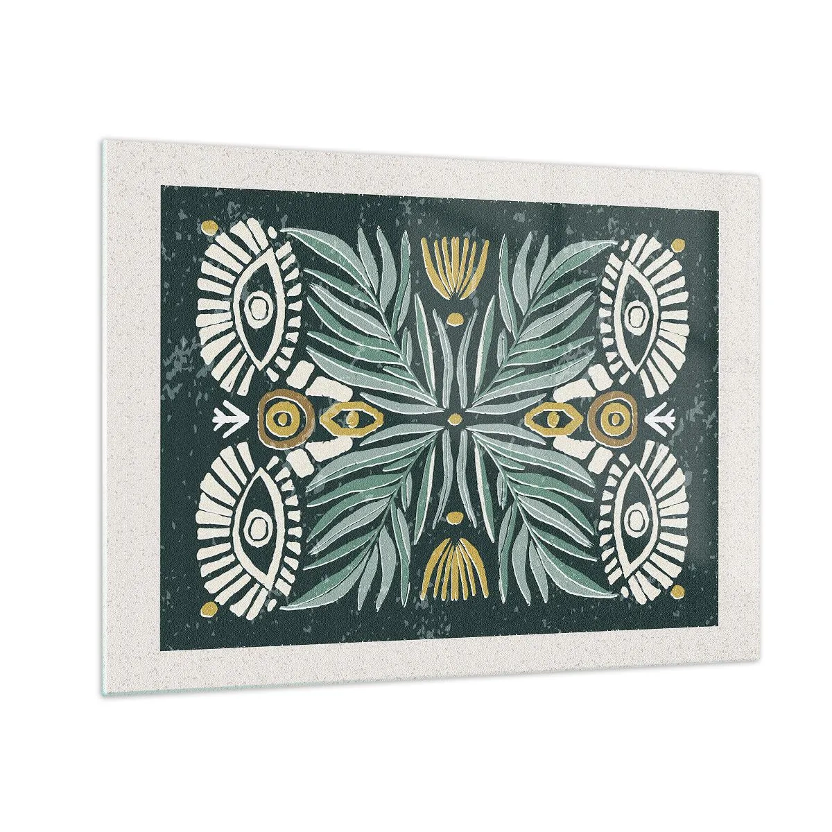 Cuadro sobre vidrio - Impresiones sobre Vidrio - Una composición simétrica de hojas y patrones en estilo folklórico. - 70x50cm - Como un recorte folclórico - Decoración de pared moderna para salón y dormitorio ARTTOR
