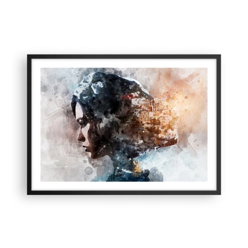 Póster en marco negro - Retrato de una mujer que combina su rostro con un paisaje urbano de fondo. - 70x50cm - Una historia sobre una niña con una ciudad de fondo - Decoración de pared moderna para salón y dormitorio ARTTOR