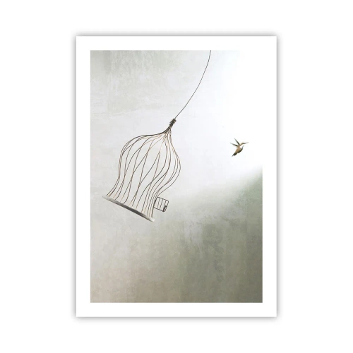 Póster - Un pájaro saliendo de su jaula en estilo minimalista. - 50x70cm - Aquí debo estar - Decoración de pared moderna para salón y dormitorio ARTTOR