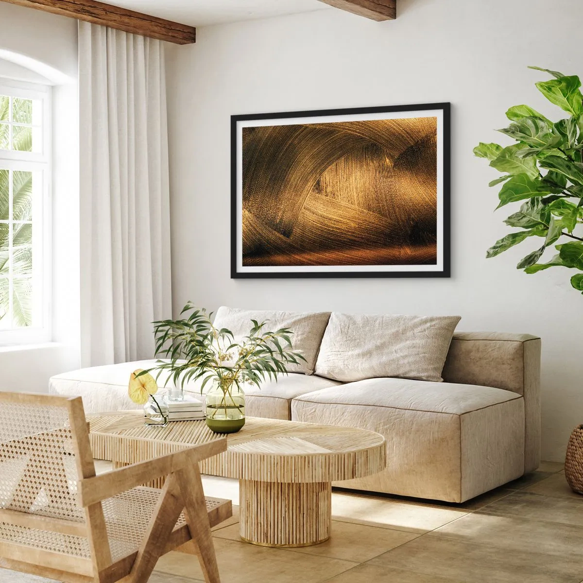 Póster en marco negro - Pinceladas abstractas doradas - 100x70cm - En un laberinto de oro - Decoración de pared moderna para salón y dormitorio ARTTOR