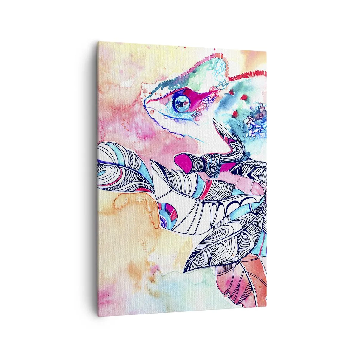 Cuadro sobre lienzo - Impresión de Imagen - Camaleón colorido sobre fondo de hojas abstractas - 70x100cm - Colorido como nuestro mundo - Decoración de pared moderna para salón y dormitorio ARTTOR