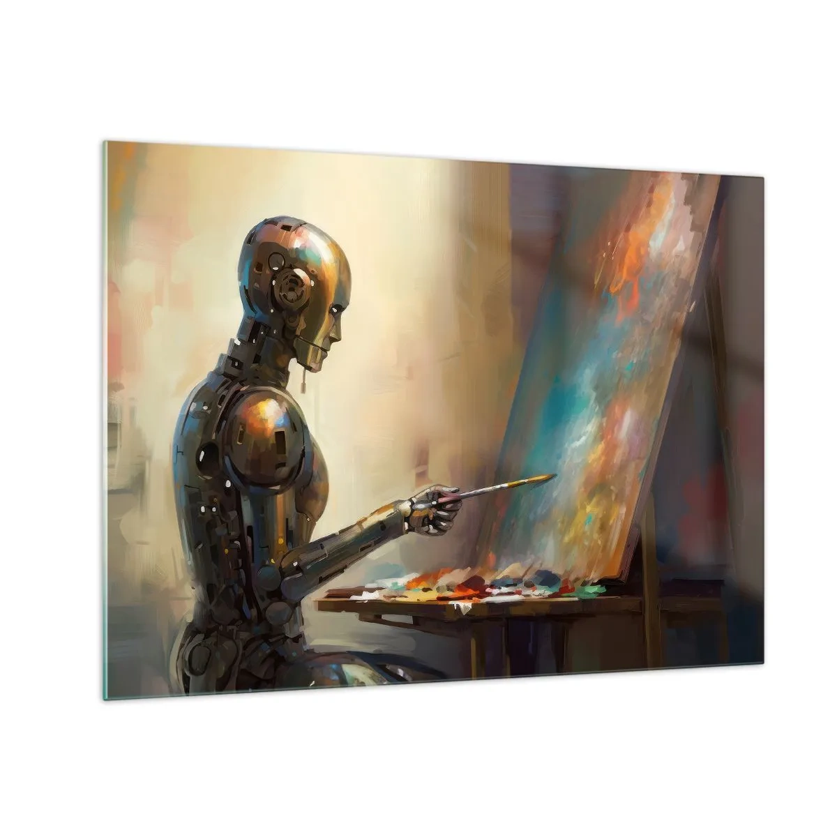 Cuadro sobre vidrio - Impresiones sobre Vidrio - Un robot pintando un cuadro en un caballete. - 70x50cm - Arte del futuro - Decoración de pared moderna para salón y dormitorio ARTTOR