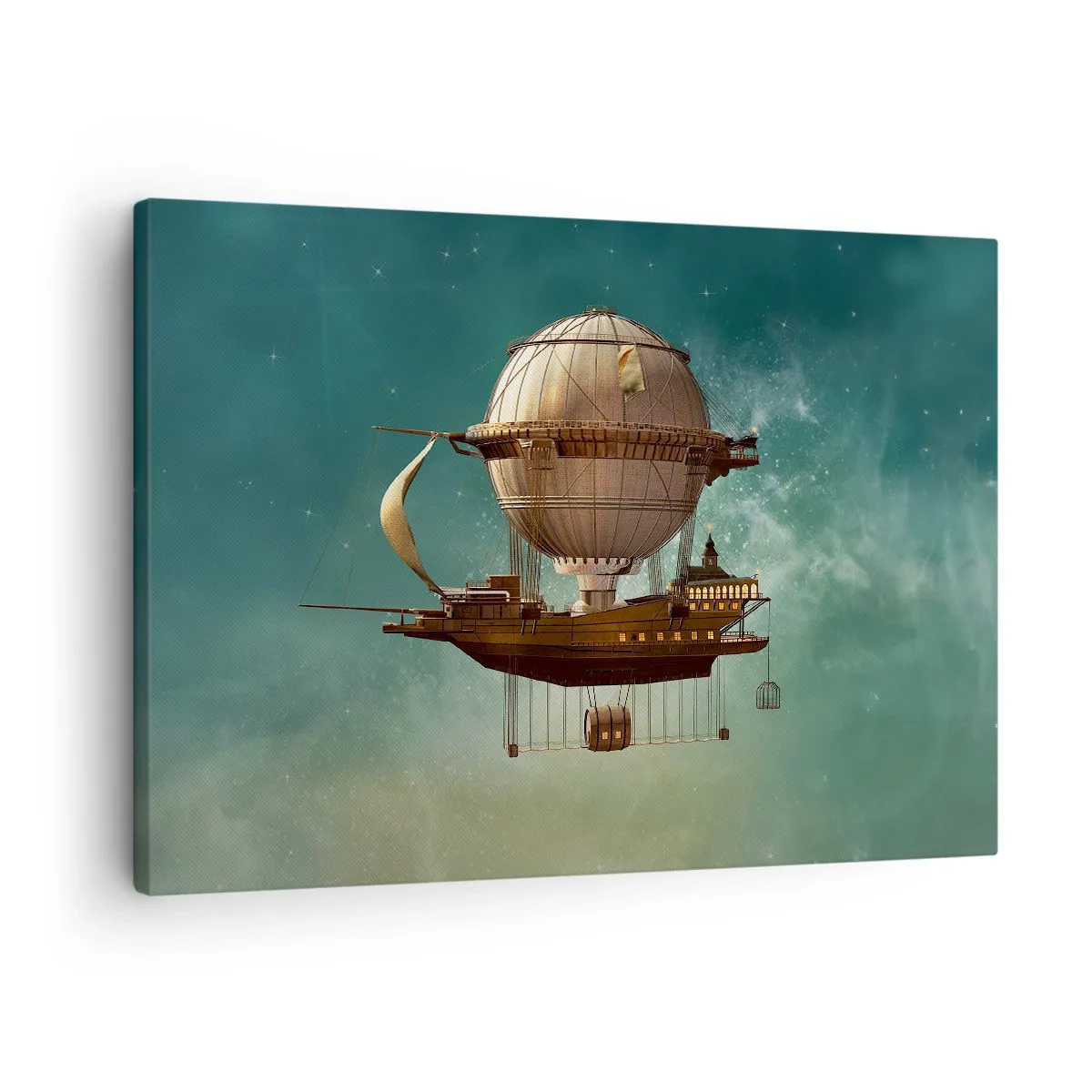 Cuadro sobre lienzo - Impresión de Imagen - Un dirigible fantástico contra el cielo verdoso. - 70x50cm - Julio Verne saluda - Decoración de pared moderna para salón y dormitorio ARTTOR