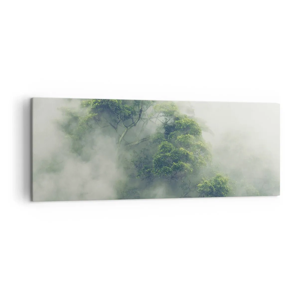 Cuadro sobre lienzo - Impresión de Imagen - Árboles verdes en una espesa niebla contra un fondo natural - 140x50cm - Envuelto en niebla - Decoración de pared moderna para salón y dormitorio ARTTOR