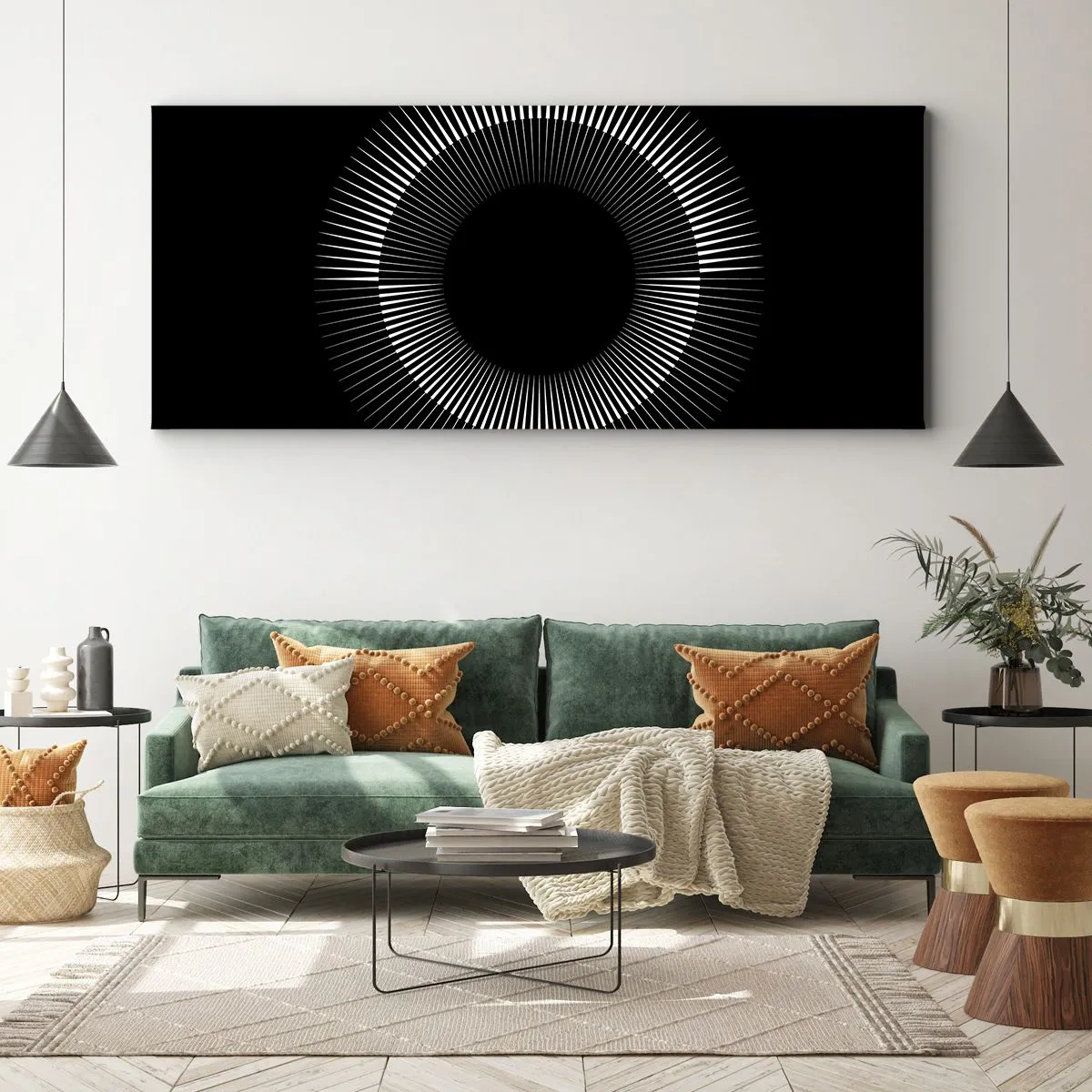 Cuadro sobre lienzo - Impresión de Imagen - Círculo gráfico con rayos en blanco y negro - 160x50cm - Sol negro - Decoración de pared moderna para salón y dormitorio ARTTOR