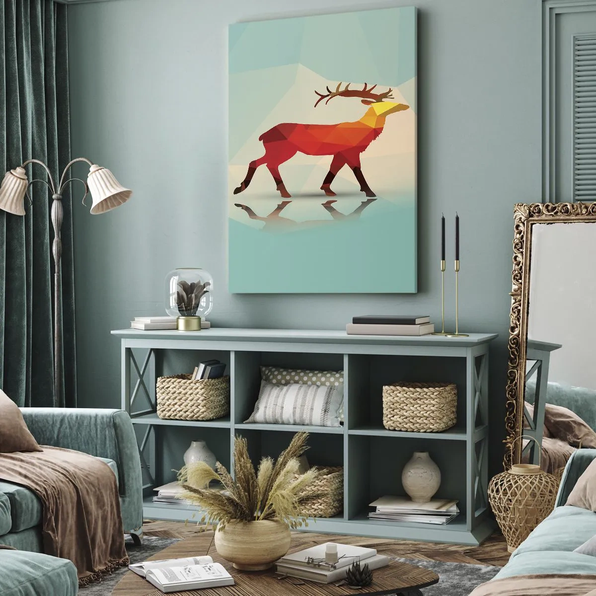 Cuadro sobre lienzo - Impresión de Imagen - Silueta geométrica de un ciervo en tonos rojos y naranjas. - 50x70cm - Ciervo geométrico - Decoración de pared moderna para salón y dormitorio ARTTOR