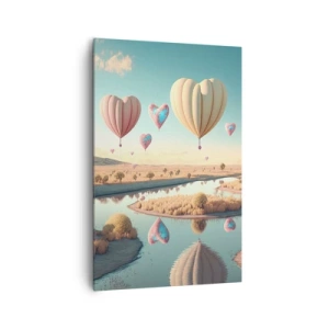 Cuadro sobre lienzo - Impresión de Imagen - Globos en forma de corazón flotando sobre el paisaje. - 80x120cm - El amor te hace volar - Decoración de pared moderna para salón y dormitorio ARTTOR