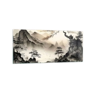 Cuadro sobre vidrio - Impresiones sobre Vidrio - Un paisaje oriental con montañas y una pagoda en tonos delicados. - 120x50cm - El encanto único de Oriente - Decoración de pared moderna para salón y dormitorio ARTTOR
