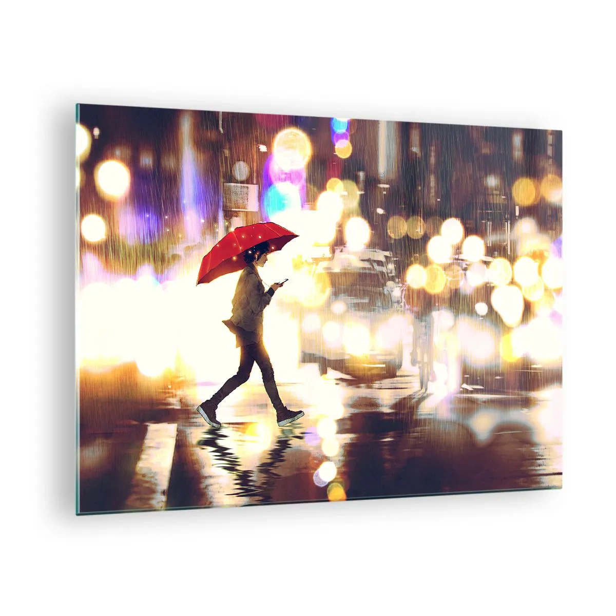 Cuadro sobre vidrio - Impresiones sobre Vidrio - Una figura con un paraguas rojo en una calle lluviosa por la noche. - 70x50cm - Saldrá el sol - Decoración de pared moderna para salón y dormitorio ARTTOR