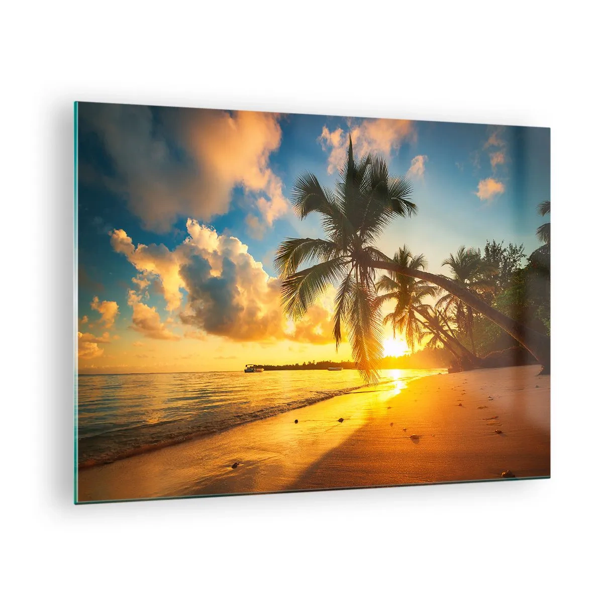 Cuadro sobre vidrio - Impresiones sobre Vidrio - Playa tropical con palmeras al atardecer - 70x50cm - Un sueño caribeño - Decoración de pared moderna para salón y dormitorio ARTTOR