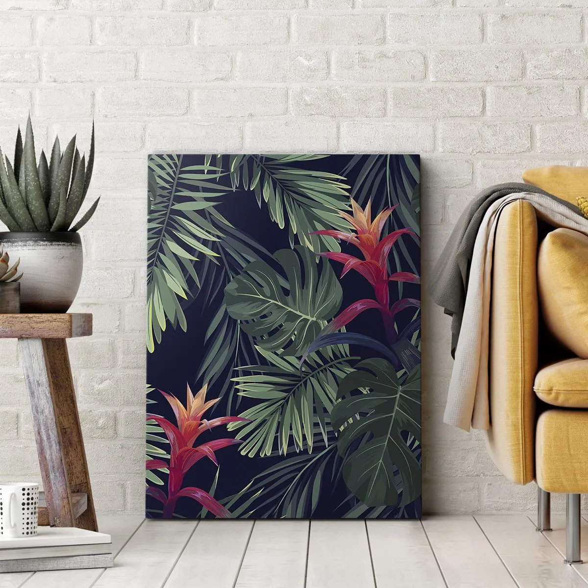 Cuadro sobre lienzo - Impresión de Imagen - Hojas y flores tropicales sobre un fondo oscuro. - 80x120cm - Encender el color verde - Decoración de pared moderna para salón y dormitorio ARTTOR