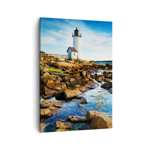 Cuadro sobre lienzo - Impresión de Imagen - Un faro en una costa rocosa en un día soleado. - 50x70cm - Esperando vuestro regreso - Decoración de pared moderna para salón y dormitorio ARTTOR