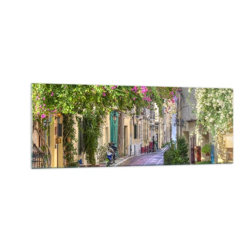 Cuadro sobre vidrio - Impresiones sobre Vidrio - Una calle encantadora con vides en flor y mesas de café. - 140x50cm - Un callejón floreciente - Decoración de pared moderna para salón y dormitorio ARTTOR