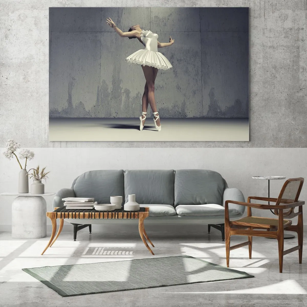 Cuadro sobre vidrio - Impresiones sobre Vidrio - Una bailarina con un vestido blanco frente a una pared sin rematar - 120x80cm - Ligero como un pájaro - Decoración de pared moderna para salón y dormitorio ARTTOR
