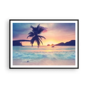 Póster en marco negro - Playa con palmera y puesta de sol sobre el océano. - 100x70cm - Atardecer en la bahía - Decoración de pared moderna para salón y dormitorio ARTTOR
