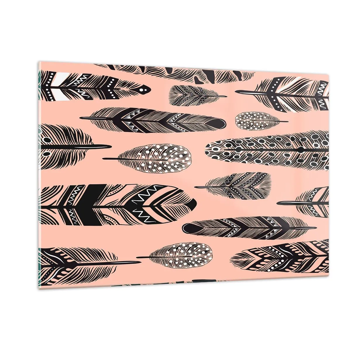 Cuadro sobre vidrio - Impresiones sobre Vidrio - Plumas decorativas con patrones en blanco y negro sobre un fondo rosa. - 120x80cm - Una colección india - Decoración de pared moderna para salón y dormitorio ARTTOR