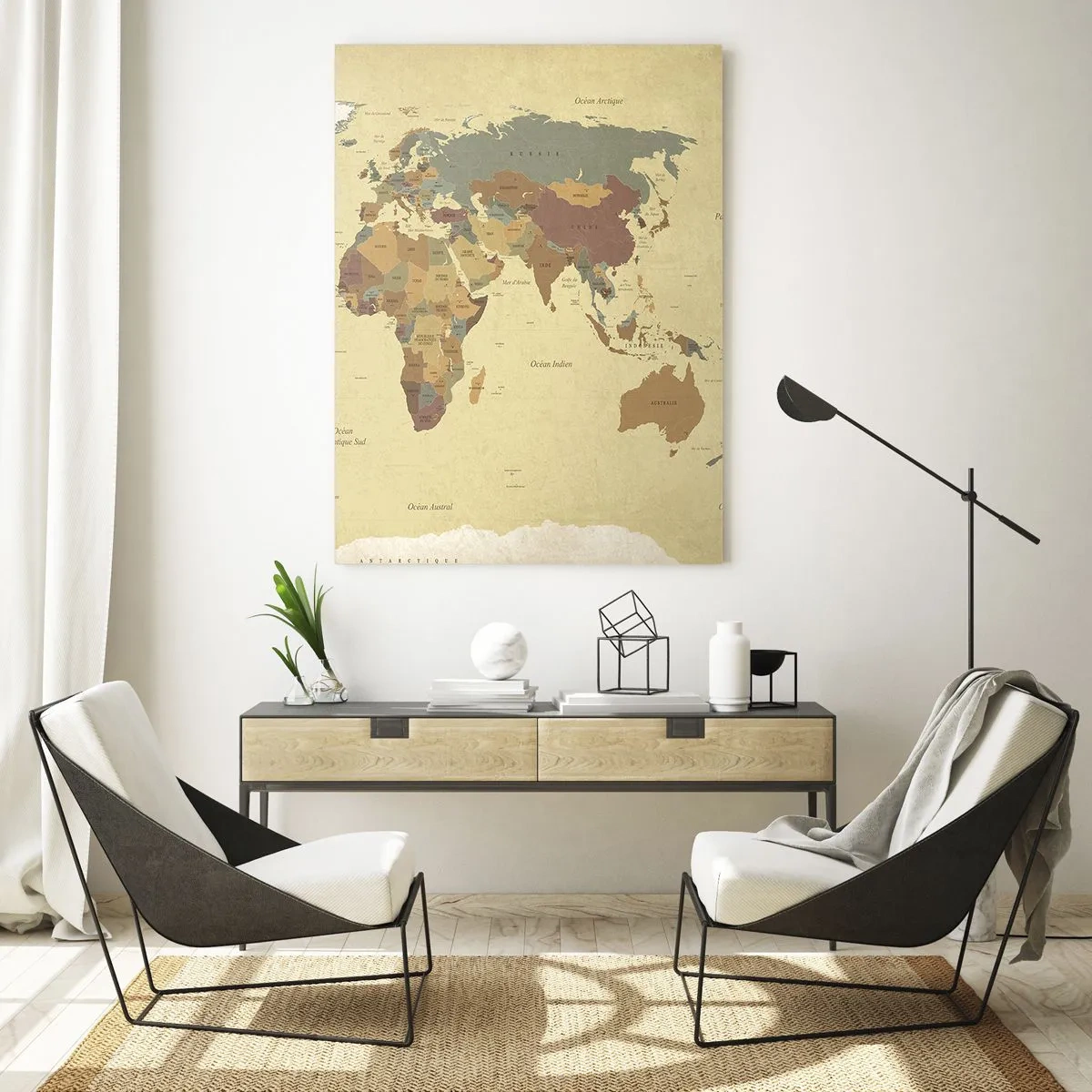 Cuadro sobre vidrio - Impresiones sobre Vidrio - Un mapa del mundo estilizado en tonos beige y colores pastel. - 80x120cm - Para ti, el mundo entero - Decoración de pared moderna para salón y dormitorio ARTTOR