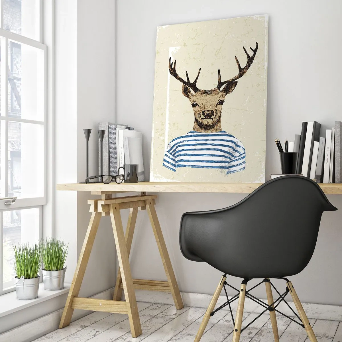 Cuadro sobre vidrio - Impresiones sobre Vidrio - Gráfico de un ciervo con camisa de marinero sobre un fondo claro. - 50x70cm - Porque me gustan las camisas de rayas - Decoración de pared moderna para salón y dormitorio ARTTOR