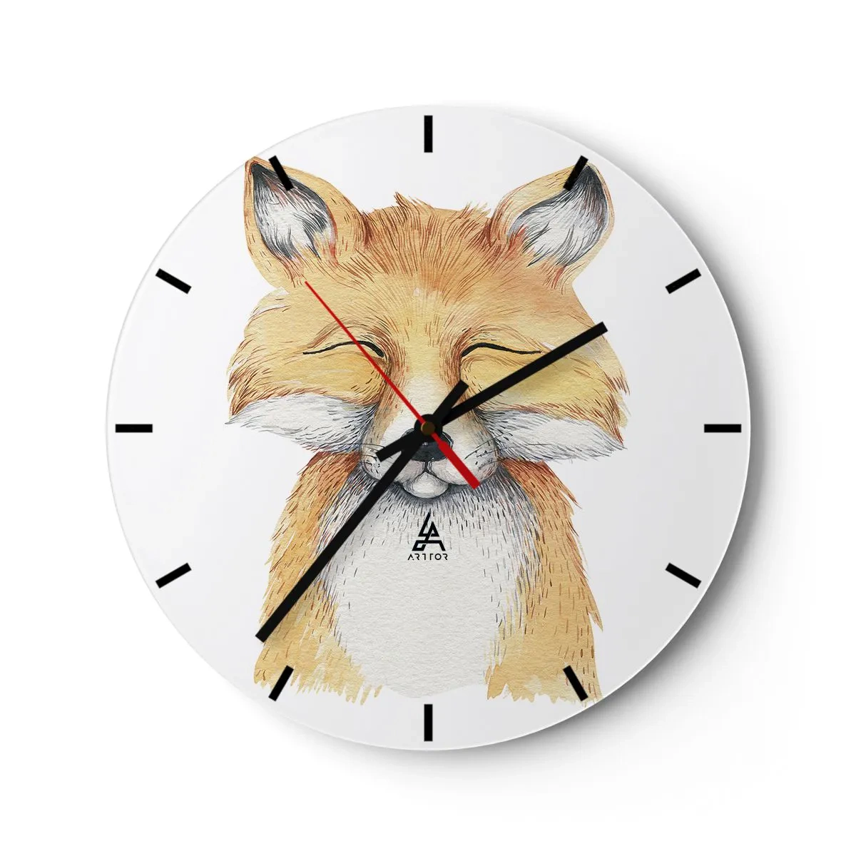 Reloj de pared - Reloj de vidrio - Un dibujo de un zorro sonriente sobre un fondo blanco. - 30x30cm - Humor de zorro - Decoración de pared moderna para salón, cocina y dormitorio ARTTOR