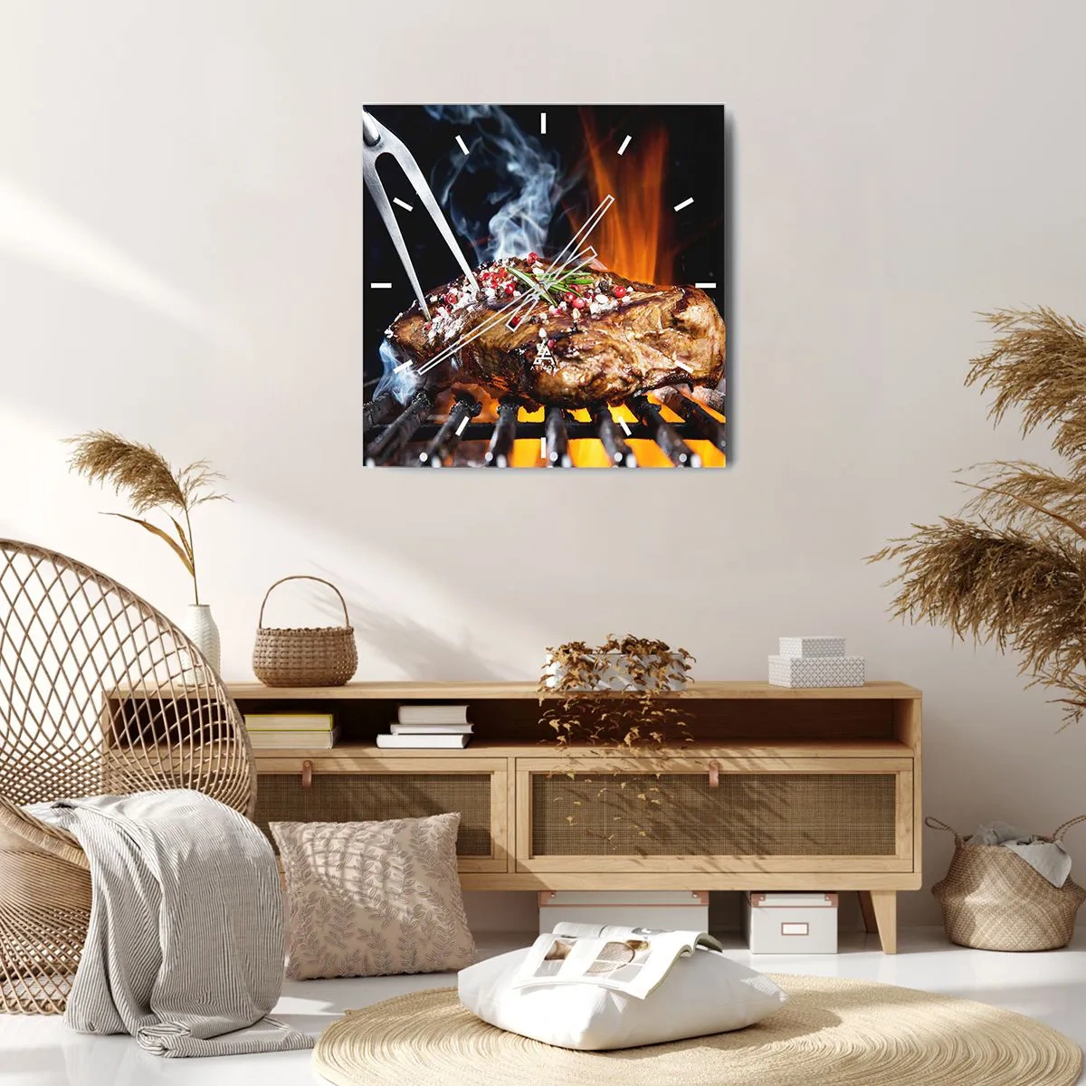 Reloj de pared - Reloj de vidrio - Filete a la parrilla con especias - 30x30cm - Jugoso y fragante - Decoración de pared moderna para salón y dormitorio ARTTOR