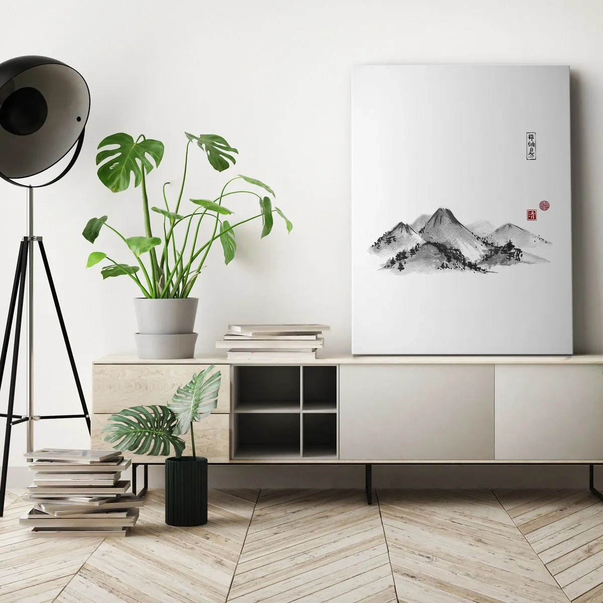 Cuadro sobre lienzo - Impresión de Imagen - Paisaje de montaña tradicional al estilo de la pintura de tinta japonesa. - 50x70cm - Más allá de lo lejano - Decoración de pared moderna para salón y dormitorio ARTTOR
