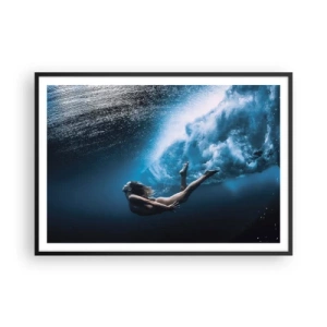 Póster en marco negro - Fotografía submarina con una mujer y burbujas de aire. - 100x70cm - Una sirena contemporánea - Decoración de pared moderna para salón y dormitorio ARTTOR