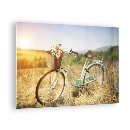 Cuadro sobre vidrio - Impresiones sobre Vidrio - Bicicleta retro con flores sobre un fondo natural. - 70x50cm - Me quedaré aquí un tiempo - Decoración de pared moderna para salón y dormitorio ARTTOR