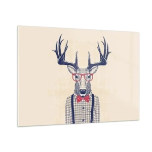 Cuadro sobre vidrio - Impresiones sobre Vidrio - Ilustración de un ciervo con gafas y pajarita. - 100x70cm - Una extravagancia lúdica - Decoración de pared moderna para salón y dormitorio ARTTOR