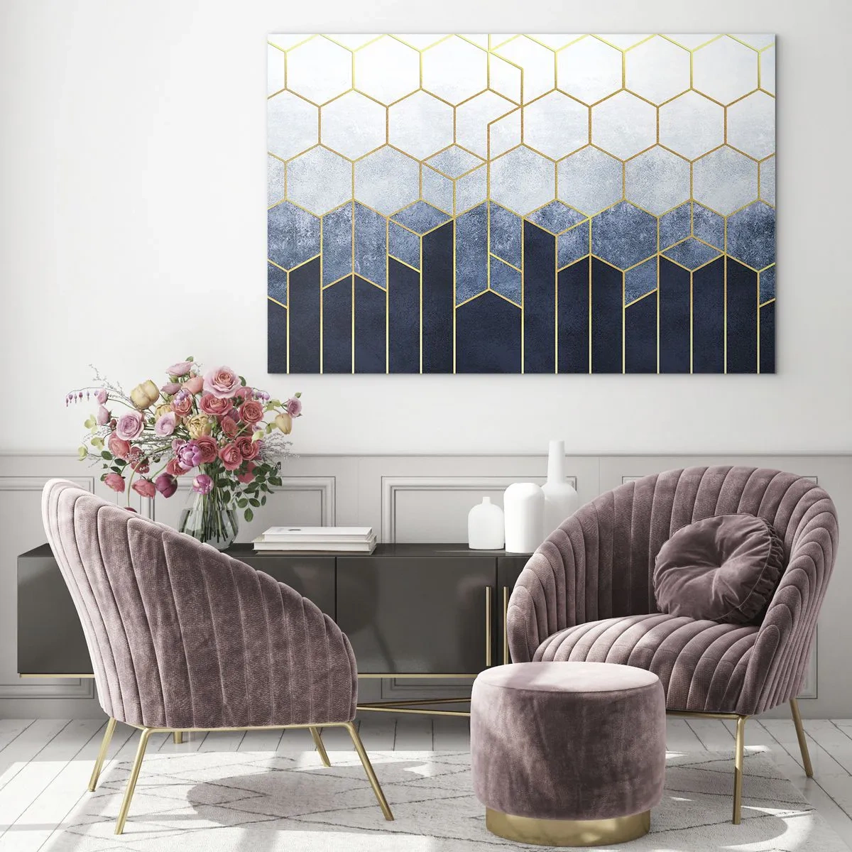 Cuadro sobre vidrio - Impresiones sobre Vidrio - Patrón geométrico en colores dorado y azul marino. - 120x80cm - Composición rítmica visual - Decoración de pared moderna para salón y dormitorio ARTTOR