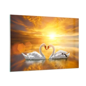 Cuadro sobre vidrio - Impresiones sobre Vidrio - Dos cisnes en el agua formando un corazón con el telón de fondo de una puesta de sol. - 100x70cm - Corazón es la palabra más bella del mundo... - Decoración de pared moderna para salón y dormitorio ARTTOR