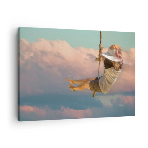 Cuadro sobre lienzo - Impresión de Imagen - Mujer en un columpio entre nubes rosas - 70x50cm - Jugando en las nubes - Decoración de pared moderna para salón y dormitorio ARTTOR