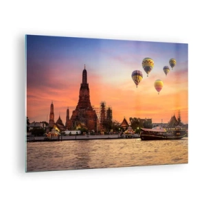 Cuadro sobre vidrio - Impresiones sobre Vidrio - Templo junto al río al atardecer con globos - 70x50cm - Aquí es donde nacen los cuentos de hadas - Decoración de pared moderna para salón y dormitorio ARTTOR