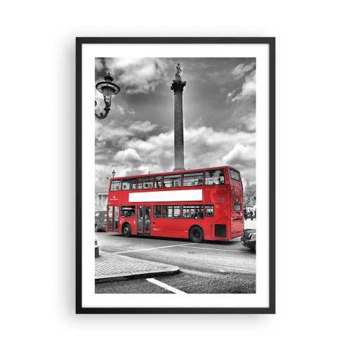 Póster en marco negro - Un autobús rojo contra un fondo urbano en blanco y negro - 50x70cm - El verdadero torrente sanguíneo de la ciudad - Decoración de pared moderna para salón y dormitorio ARTTOR