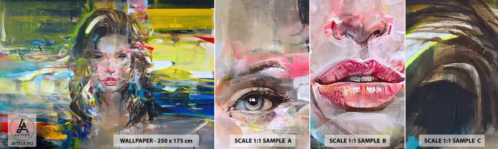 Muestra De Fotomural Standard Eco - Tras el velo del aire - retrato de una mujer, Rostro, Abstracción - 100x30 cm