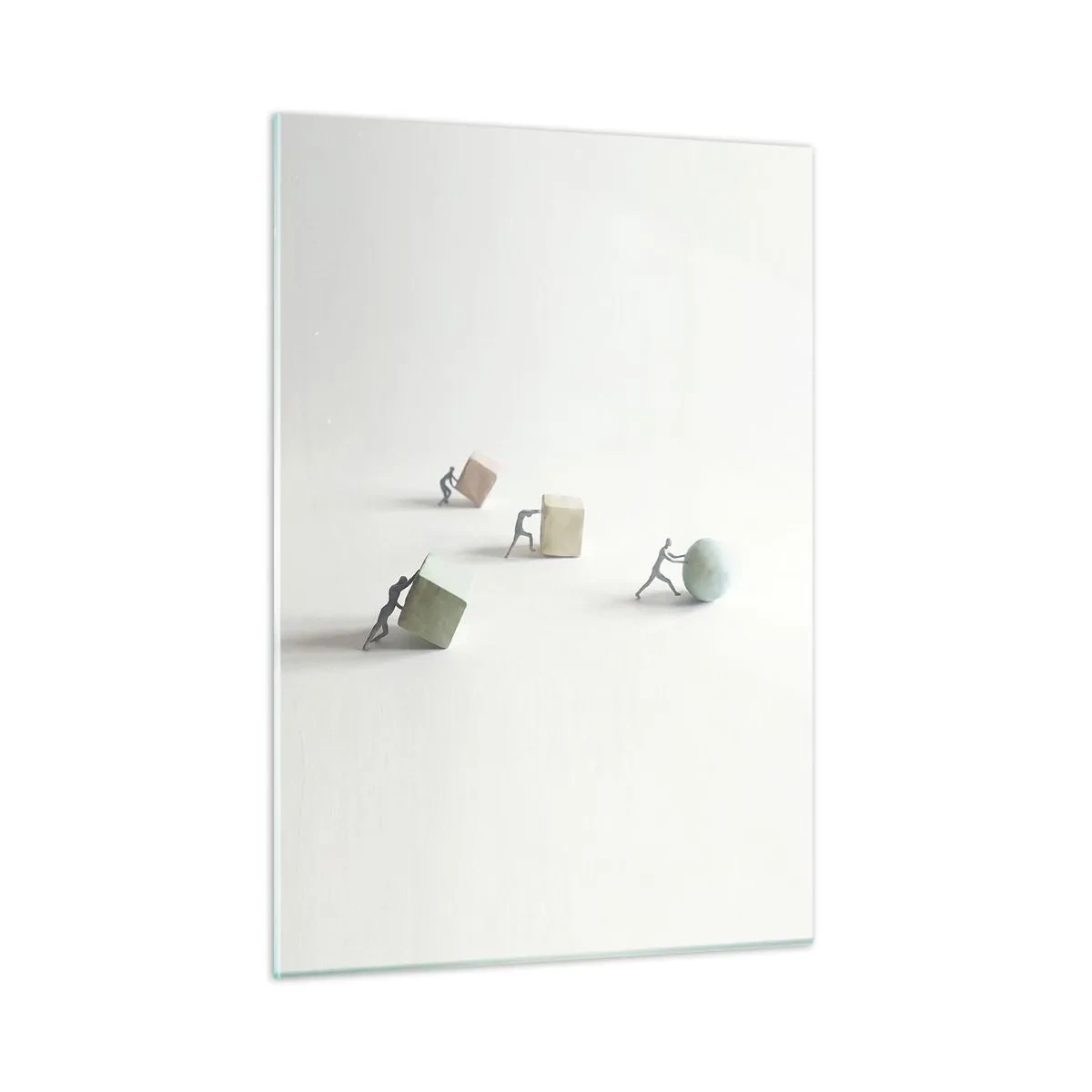 Cuadro sobre vidrio - Impresiones sobre Vidrio - Las figuras en miniatura ruedan y empujan formas geométricas. - 50x70cm - El avance de la geometría - Decoración de pared moderna para salón y dormitorio ARTTOR