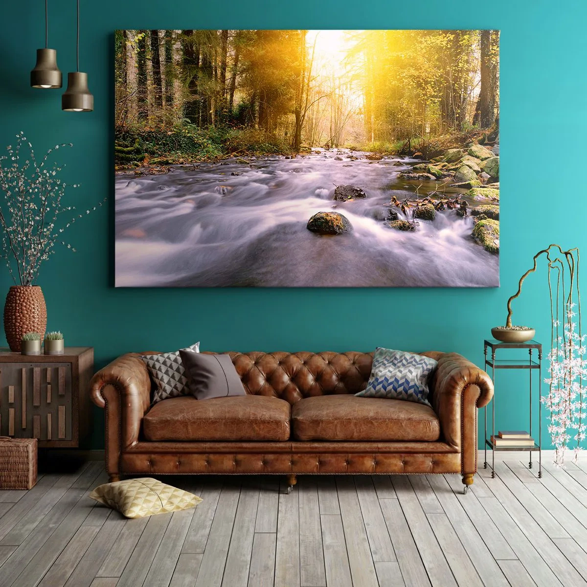 Cuadro sobre lienzo - Impresión de Imagen - Un arroyo forestal iluminado por los rayos del sol. - 100x70cm - Malaquita en un marco de plata y oro - Decoración de pared moderna para salón y dormitorio ARTTOR