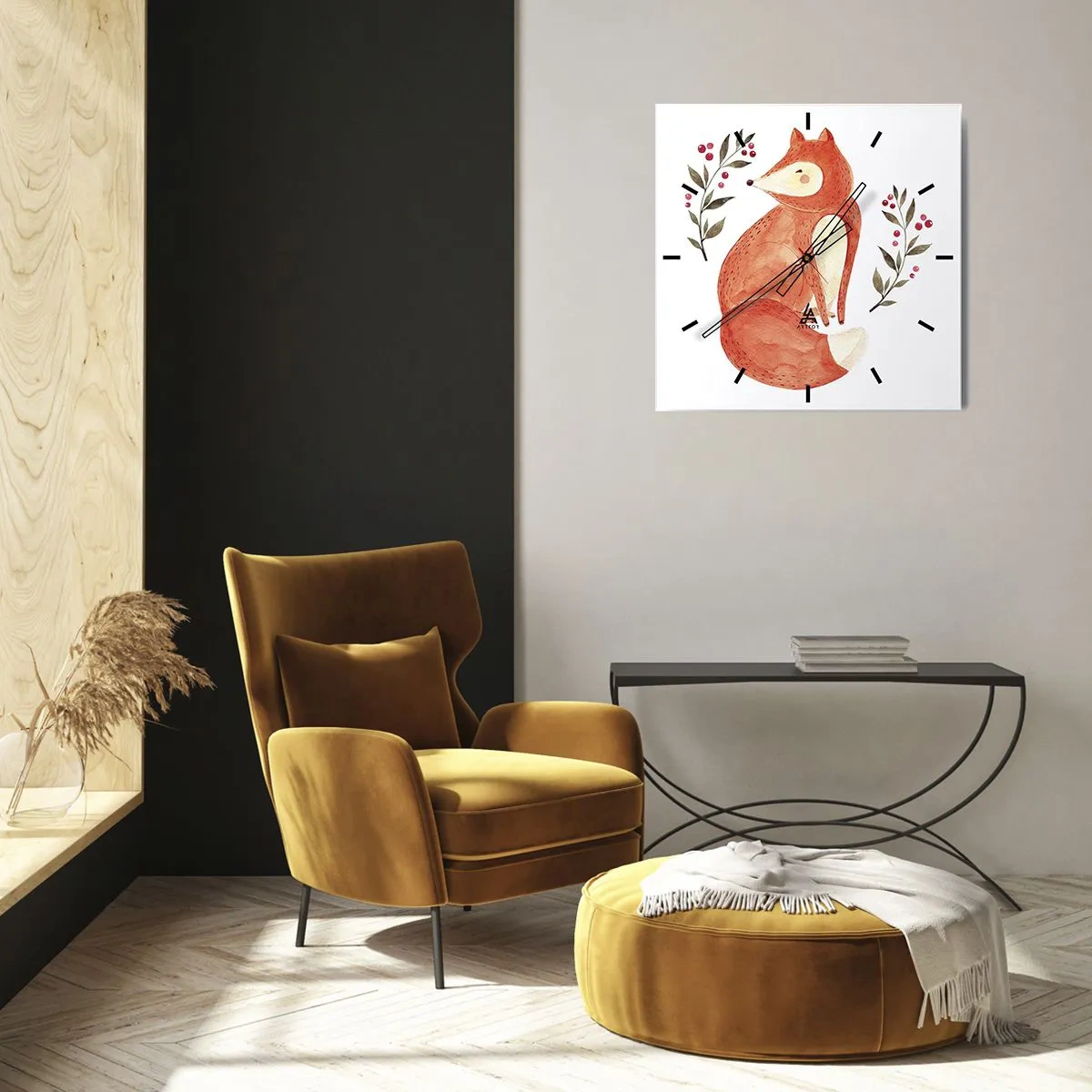 Reloj de pared - Reloj de vidrio - Un zorro de acuarela rodeado de ramitas con bayas. - 30x30cm - Pequeño pelirrojo - Decoración de pared moderna para salón y dormitorio ARTTOR