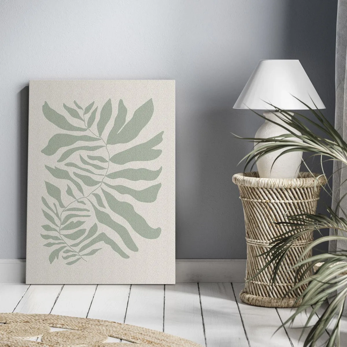 Cuadro sobre lienzo - Impresión de Imagen - Un delicado patrón de ramitas con hojas en un tono verde esmeralda. - 50x70cm - Rama esmeralda - Decoración de pared moderna para salón y dormitorio ARTTOR
