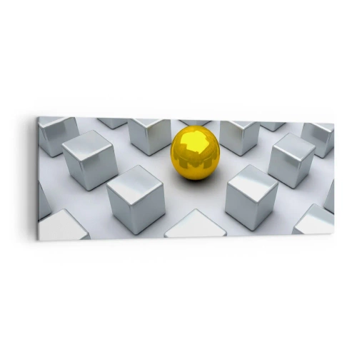 Cuadro sobre lienzo - Impresión de Imagen - Una esfera dorada que destaca entre los cubos plateados. - 140x50cm - ¿Por qué yo? Composición geométrica - Decoración de pared moderna para salón y dormitorio ARTTOR
