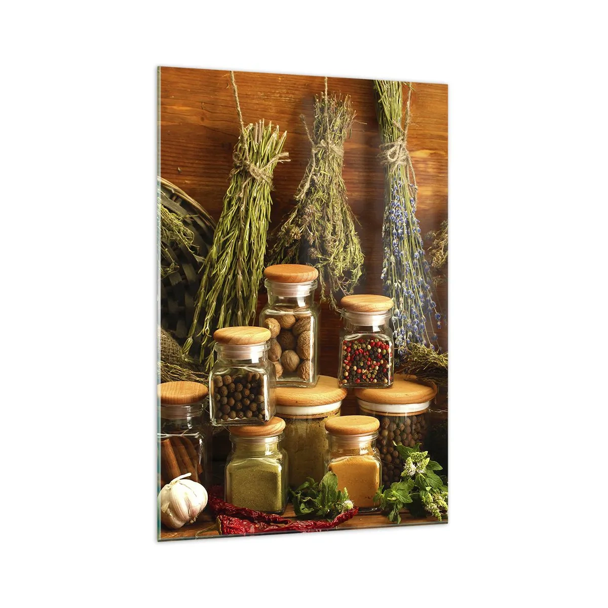 Cuadro sobre vidrio - Impresiones sobre Vidrio - Hierbas y especias en frascos sobre un fondo rústico. - 70x100cm - La magia de la cocina - Decoración de pared moderna para salón y dormitorio ARTTOR