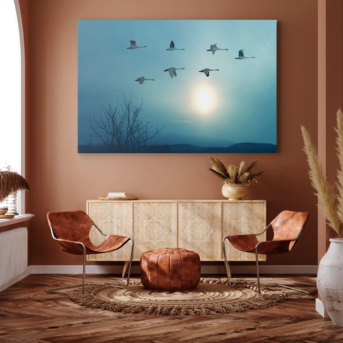 Cuadro sobre lienzo - Impresión de Imagen - Cisnes volando por la mañana - 100x70cm - Adiós al verano por un año - Decoración de pared moderna para salón y dormitorio ARTTOR