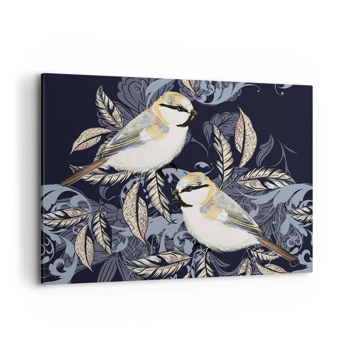 Cuadro sobre lienzo - Impresión de Imagen - Pájaros en ramas sobre un fondo ornamental. - 120x80cm - En la copa del árbol - Decoración de pared moderna para salón y dormitorio ARTTOR