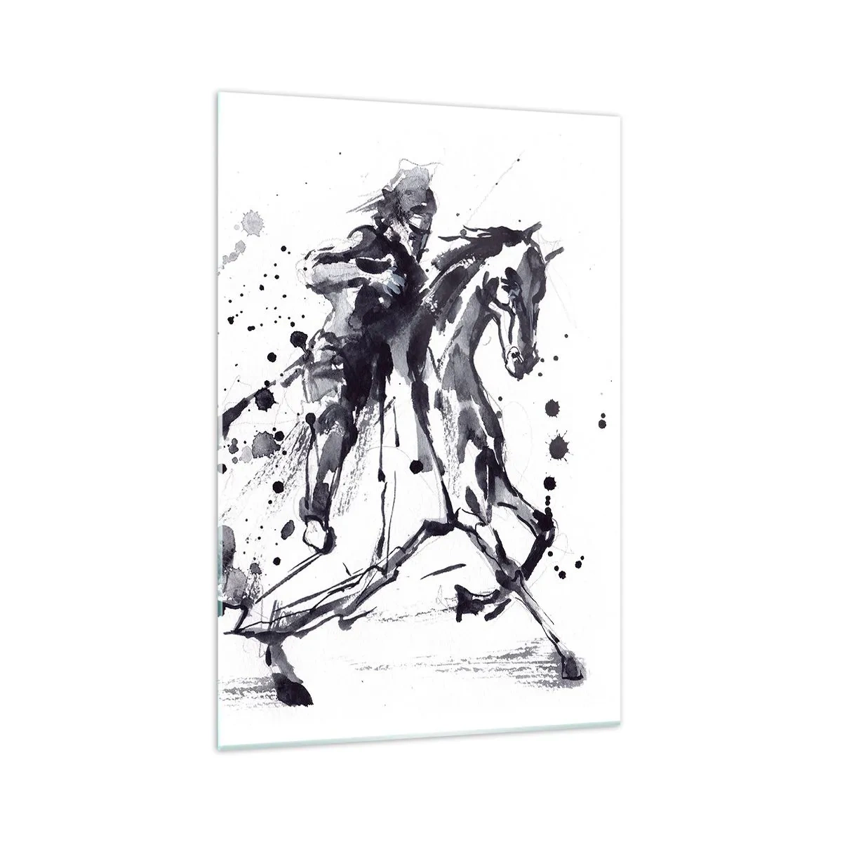 Cuadro sobre vidrio - Impresiones sobre Vidrio - Acuarela en blanco y negro de un jinete sobre un caballo al galope. - 70x100cm - Caballero negro - Decoración de pared moderna para salón y dormitorio ARTTOR