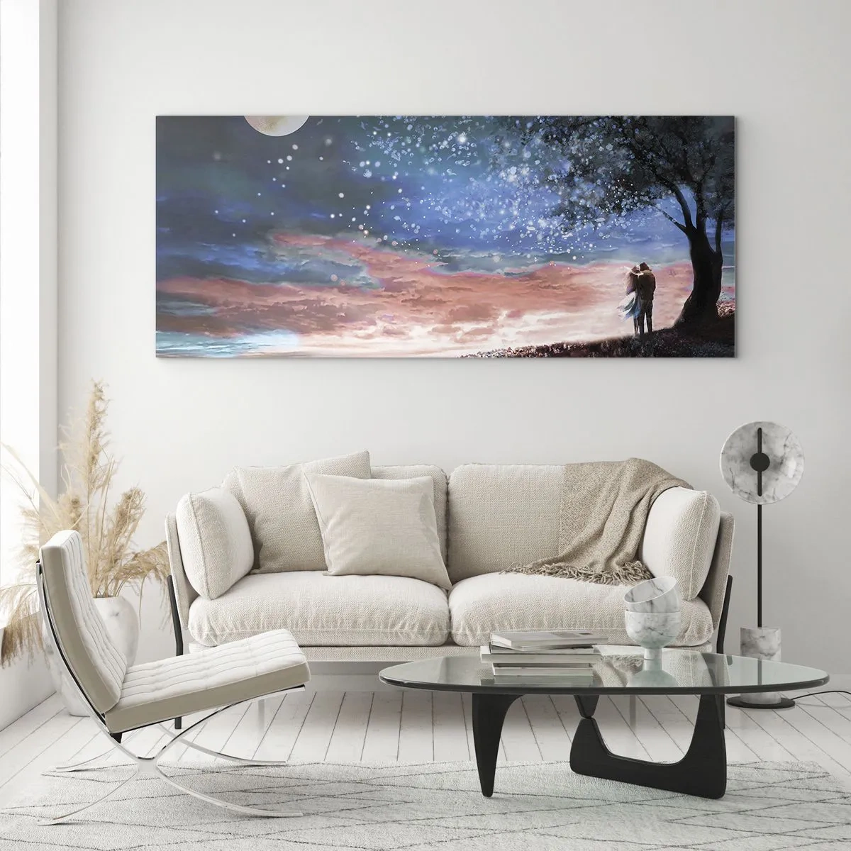 Cuadro sobre vidrio - Impresiones sobre Vidrio - Escena romántica de pareja bajo la luna llena - 160x50cm - Un espectáculo estelar - Decoración de pared moderna para salón y dormitorio ARTTOR